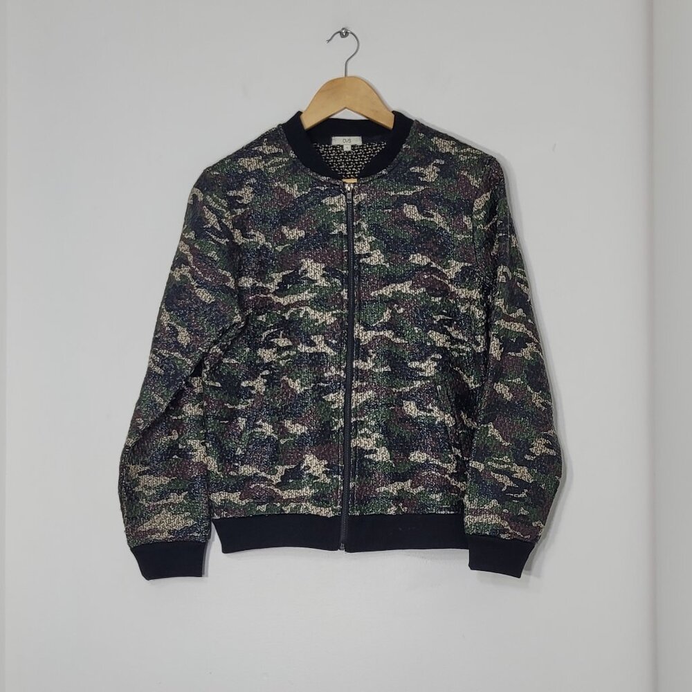 OVS Women's Green Black Camo Ribbed Cuffs Lightweight Full-Zip Bomber Jacket SzL